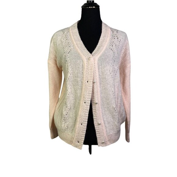 FRNCH Laeila V-neck Pointelle Cardigan In‎ Light Pink Pearlized Embellishments M - Picture 2 of 9